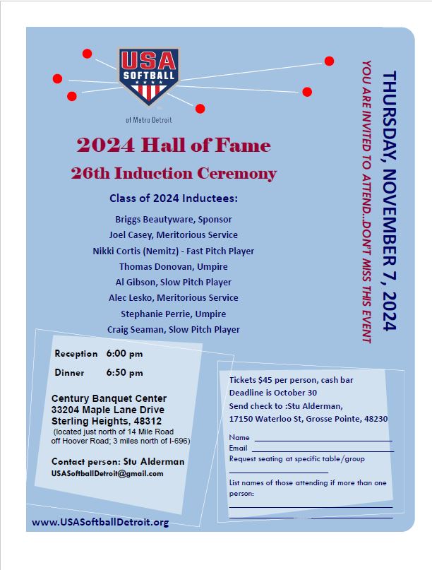 2024 USA Softball of Metro Detroit Hall of Fame
